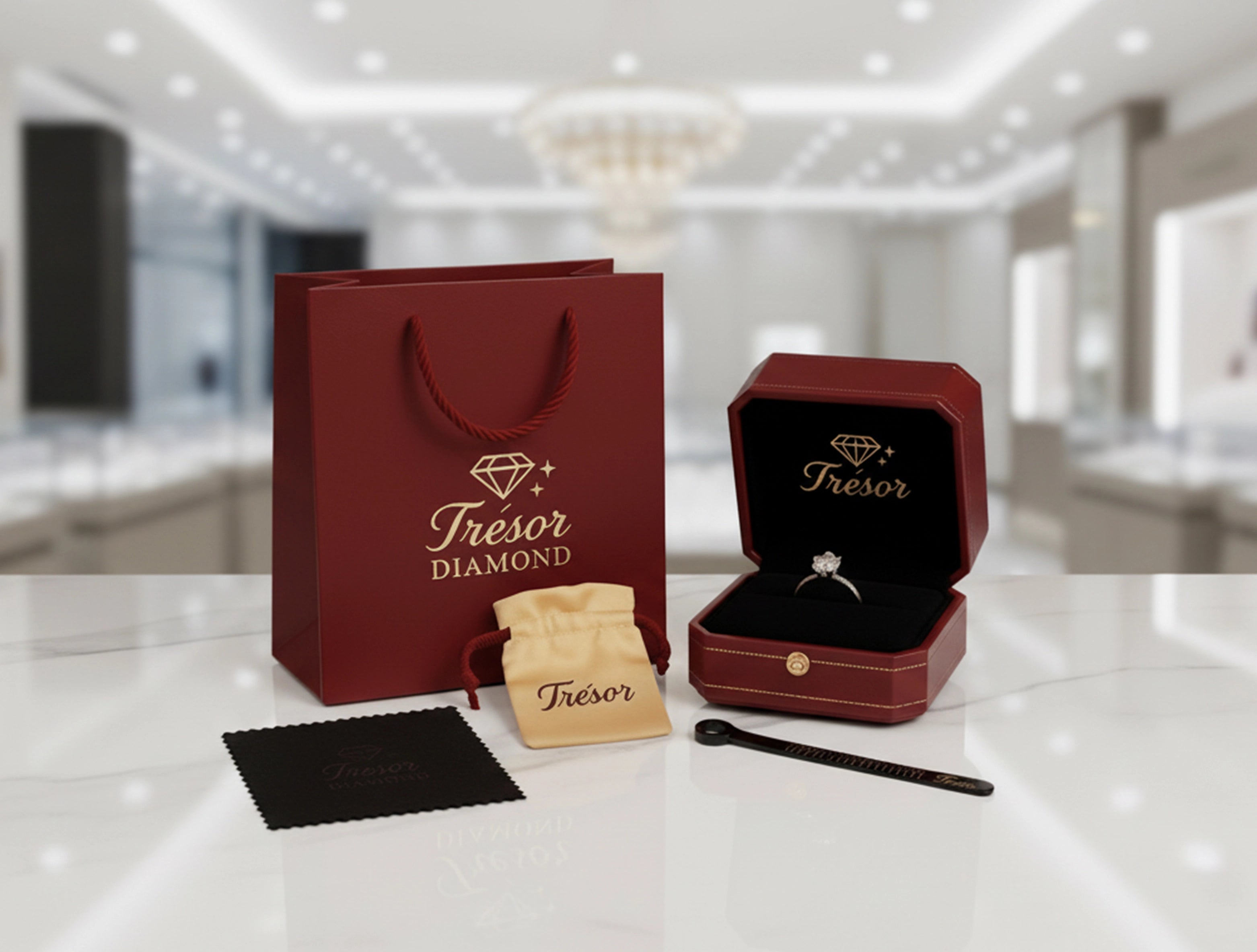 Trésor Diamond luxury packaging and size guide — premium unboxing for moissanite engagement rings.