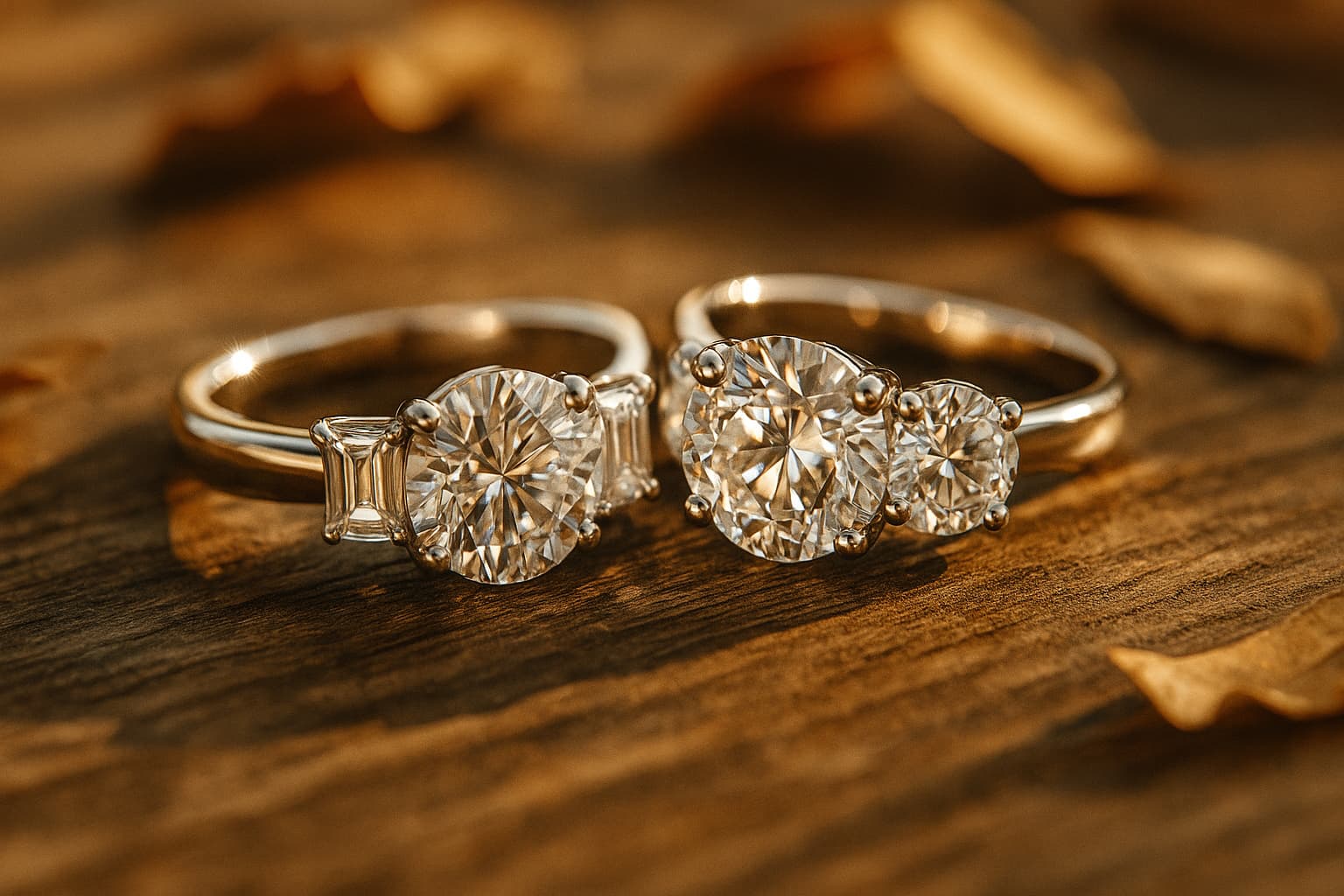 Close-up of moissanite engagement rings — round and three-stone designs showcasing Trésor Diamond craftsmanship.