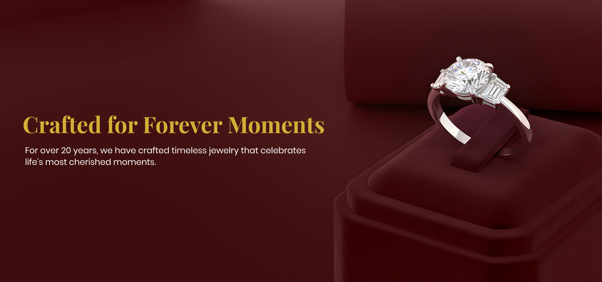 About Trésor Diamond — handcrafted moissanite engagement ring in a luxury box on signature background.