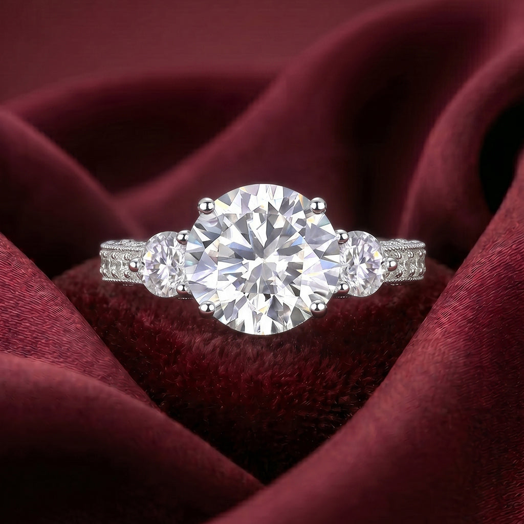 Tresor Diamond The Eternia Ring featuring a sparkling gemstone and intricate band design on a white background.