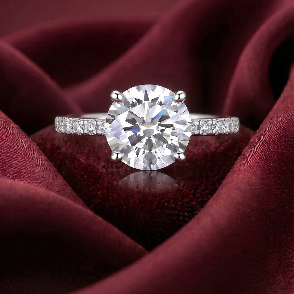 Elegant close-up of The Serene Ring by Tresor Diamond, showcasing its intricate design and sparkling gemstone setting.